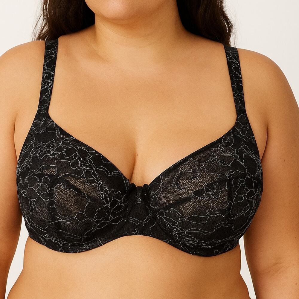 Cacique‎ Black Lace Embroidered Balconette Bra Underwire Bow Size 46D